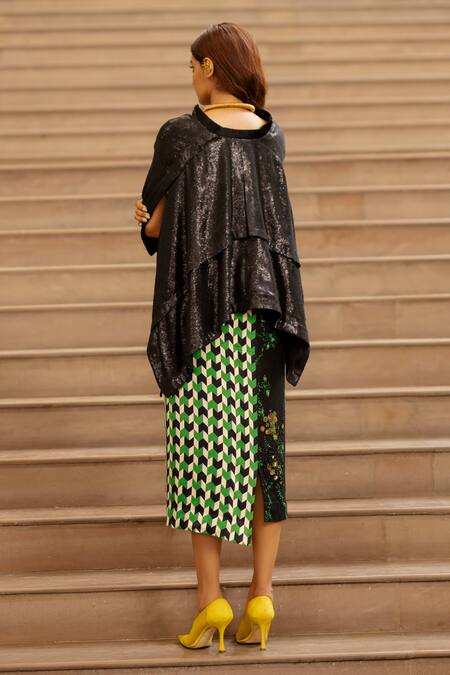 Shop_AK-OK_Black Cotton Embroidery Sequin V Neck Draped Jacket _at_Aza_Fashions