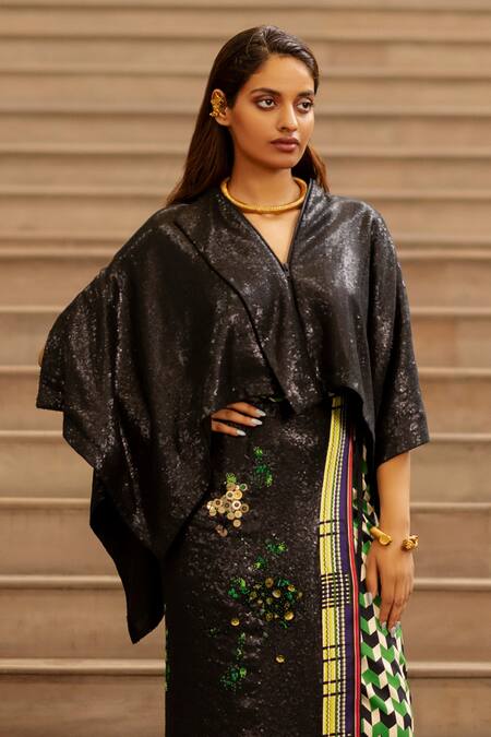 AK-OK_Black Cotton Embroidery Sequin V Neck Draped Jacket _Online_at_Aza_Fashions