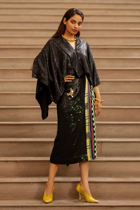 Buy_AK-OK_Black Cotton Embroidery Sequin V Neck Draped Jacket _Online_at_Aza_Fashions