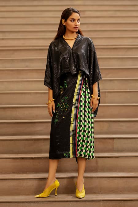 Shop_AK-OK_Black Cotton Embroidery Sequin V Neck Draped Jacket _Online_at_Aza_Fashions