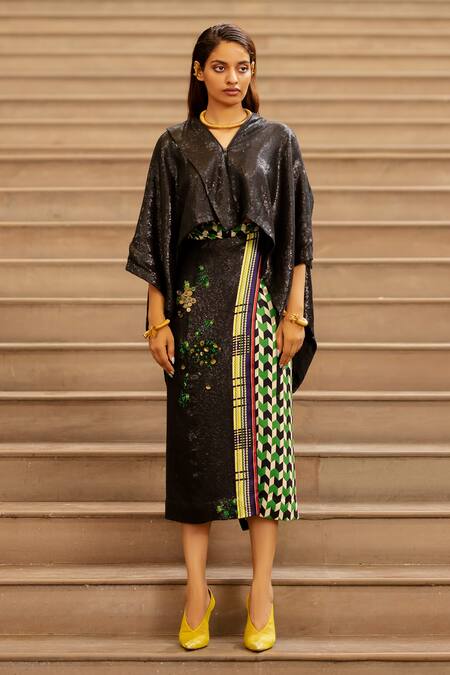 Buy_AK-OK_Black Cotton Embroidery Sequin V Neck Draped Jacket 