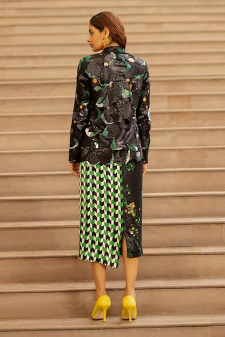 Shop AK-OK Black Cotton Sequins Embroidered Cutout Blazer at Aza Fashions Shop_AK-OK_Black Cotton Sequins Embroidered Cutout Blazer_at_Aza_Fashions