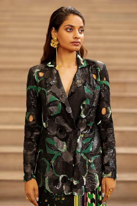 Shop AK-OK Black Cotton Sequins Embroidered Cutout Blazer Online at Aza Fashions Shop_AK-OK_Black Cotton Sequins Embroidered Cutout Blazer_Online_at_Aza_Fashions