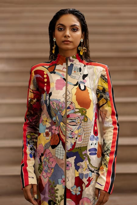 AK-OK_Multi Color Cotton Embroidery Bandeau Neck Thread Jacket _at_Aza_Fashions