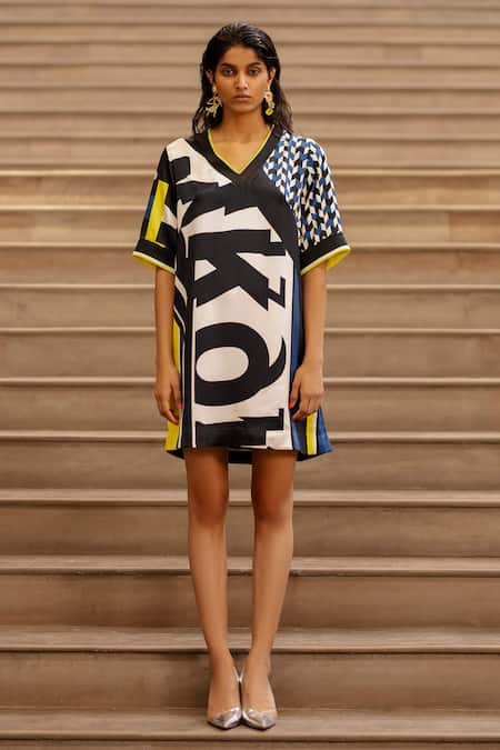 AK-OK_Blue Silk V-neck Script Print Short Dress _Online_at_Aza_Fashions