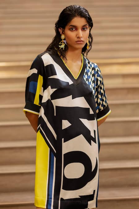 Shop_AK-OK_Blue Silk V-neck Script Print Short Dress _Online_at_Aza_Fashions
