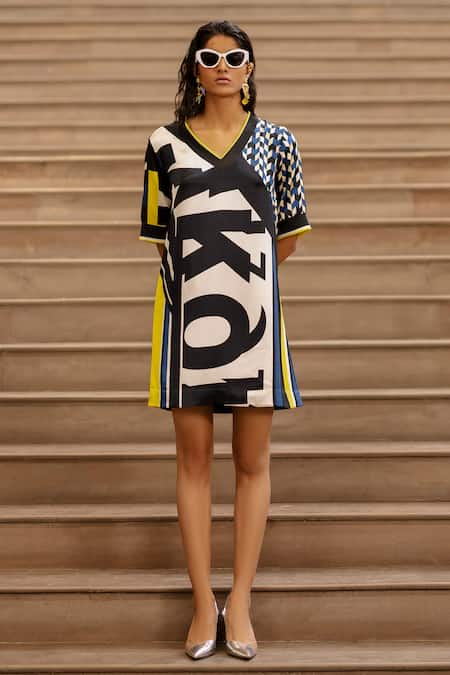 AK-OK_Blue Silk V-neck Script Print Short Dress _at_Aza_Fashions