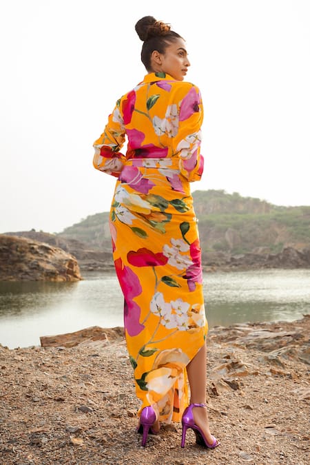 Shop Ruhr India Yellow Crepe Collared Botanical Print Draped Dress at Aza Fashions Shop_Ruhr India_Yellow Crepe Collared Botanical Print Draped Dress _at_Aza_Fashions