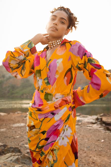 Ruhr India Yellow Crepe Collared Botanical Print Draped Dress Online at Aza Fashions Ruhr India_Yellow Crepe Collared Botanical Print Draped Dress _Online_at_Aza_Fashions