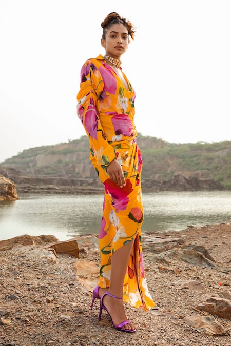 Buy Ruhr India Yellow Crepe Collared Botanical Print Draped Dress Online at Aza Fashions Buy_Ruhr India_Yellow Crepe Collared Botanical Print Draped Dress _Online_at_Aza_Fashions