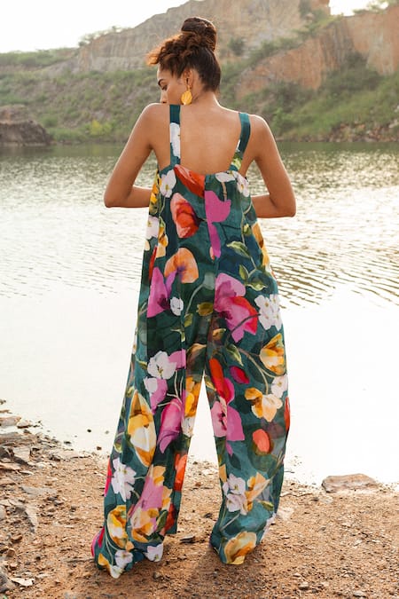 Shop_Ruhr India_Green Crepe V-neck Botanical Print Flared Jumpsuit _at_Aza_Fashions