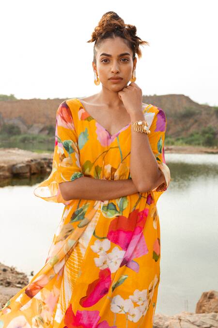 Ruhr India_Yellow Crepe Embroidery V-neck Botanical Print Kaftan And Palazzo Set _Online_at_Aza_Fashions