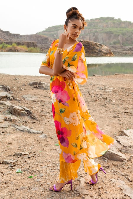 Buy_Ruhr India_Yellow Crepe Embroidery V-neck Botanical Print Kaftan And Palazzo Set _Online_at_Aza_Fashions