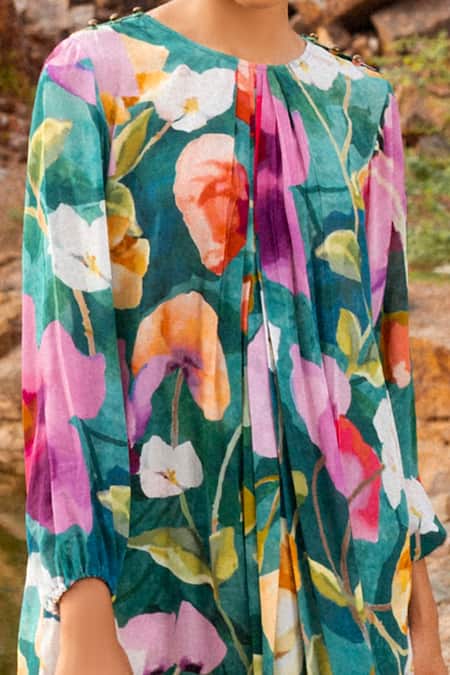 Buy Ruhr India Green Crepe Round Neck Botanical Print Kurta And Pant Set Online at Aza Fashions Buy_Ruhr India_Green Crepe Round Neck Botanical Print Kurta And Pant Set _Online_at_Aza_Fashions