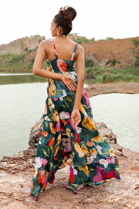 Shop Ruhr India Green Crepe, Silk Organza Embroidery Botanical Print Tiered Anarkali Set at Aza Fashions Shop_Ruhr India_Green Crepe, Silk Organza Embroidery Botanical Print Tiered Anarkali Set _at_Aza_Fashions