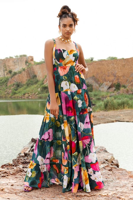 Ruhr India Green Crepe, Silk Organza Embroidery Botanical Print Tiered Anarkali Set Online at Aza Fashions Ruhr India_Green Crepe, Silk Organza Embroidery Botanical Print Tiered Anarkali Set _Online_at_Aza_Fashions