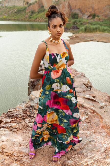 Buy Ruhr India Green Crepe, Silk Organza Embroidery Botanical Print Tiered Anarkali Set Online at Aza Fashions Buy_Ruhr India_Green Crepe, Silk Organza Embroidery Botanical Print Tiered Anarkali Set _Online_at_Aza_Fashions