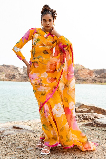 Buy Amrut Floral Print Bollywood Organza Yellow Sarees Online @ Best Price  In India | Flipkart.com