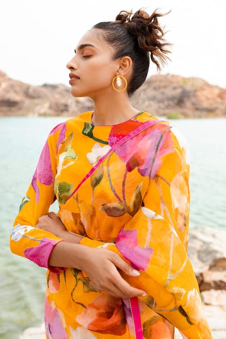 Ruhr India_Yellow Silk Organza, Crepe, Cotton Beads, Botanical Print Saree And Blouse Set _Online_at_Aza_Fashions