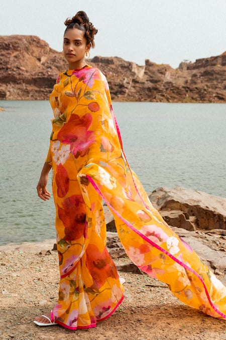 Buy_Ruhr India_Yellow Silk Organza, Crepe, Cotton Beads, Botanical Print Saree And Blouse Set _Online_at_Aza_Fashions