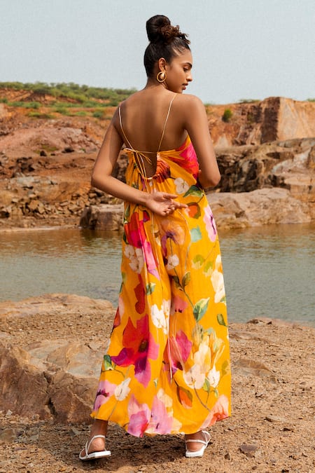 Shop Ruhr India Yellow Crepe, Cotton Keyhole Neck Floral Print Flared Jumpsuit at Aza Fashions Shop_Ruhr India_Yellow Crepe, Cotton Keyhole Neck Floral Print Flared Jumpsuit _at_Aza_Fashions