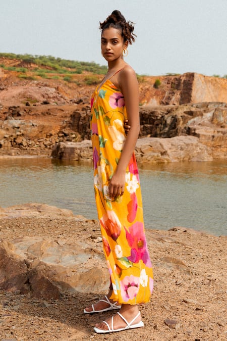 Ruhr India Yellow Crepe, Cotton Keyhole Neck Floral Print Flared Jumpsuit Online at Aza Fashions Ruhr India_Yellow Crepe, Cotton Keyhole Neck Floral Print Flared Jumpsuit _Online_at_Aza_Fashions