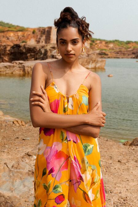 Buy Ruhr India Yellow Crepe, Cotton Keyhole Neck Floral Print Flared Jumpsuit Online at Aza Fashions Buy_Ruhr India_Yellow Crepe, Cotton Keyhole Neck Floral Print Flared Jumpsuit _Online_at_Aza_Fashions