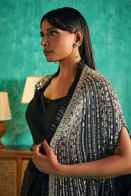 Shian_Black Crepe, Silk Beads, Crystals Hand Embroidered Asymmetric Cape Lehenga Set _Online_at_Aza_Fashions