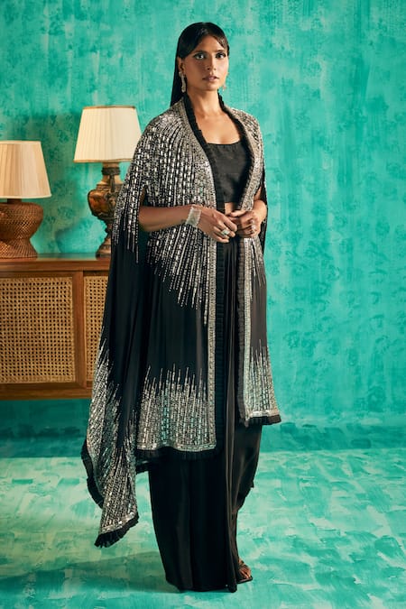 Buy_Shian_Black Crepe, Silk Beads, Crystals Hand Embroidered Asymmetric Cape Lehenga Set _Online_at_Aza_Fashions