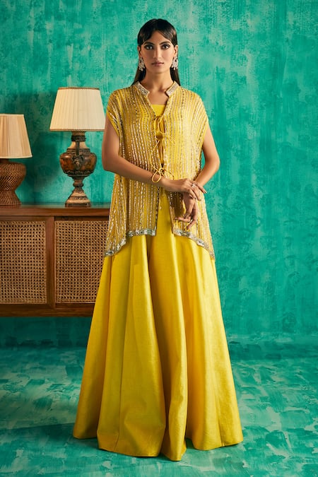 Shian Yellow Georgette Hand Embellished Cape Kalidaar Sharara Set  