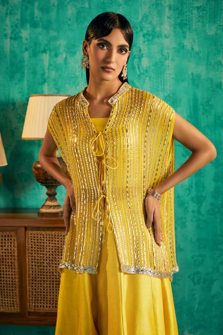 Shian_Yellow Georgette, Silk Crystals, Hand Embellished Cape Kalidaar Sharara Set _Online_at_Aza_Fashions