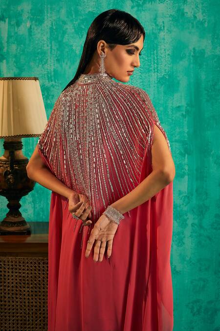 Shop_Shian_Pink Georgette Embroidered Crystal High Embellished Cape Sharara Set  _at_Aza_Fashions