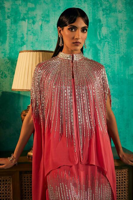 Shian_Pink Georgette Embroidered Crystal High Embellished Cape Sharara Set  _Online_at_Aza_Fashions