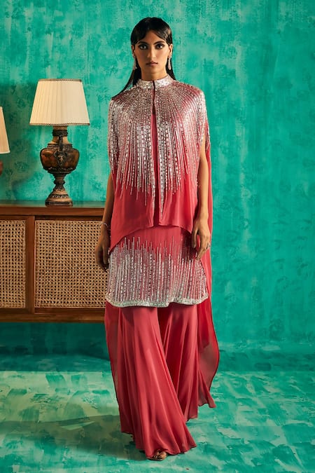 Buy_Shian_Pink Georgette Embroidered Crystal High Embellished Cape Sharara Set  _Online_at_Aza_Fashions