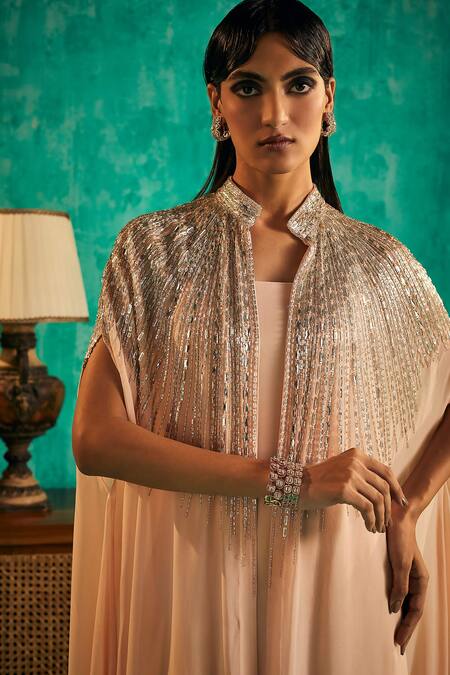 Buy_Shian_Peach Georgette Embroidered Crystal High Embellished Cape Pant Set  _Online_at_Aza_Fashions