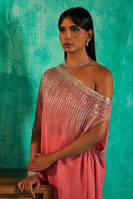 Shop_Shian_Pink Georgette Embroidered Crystal Embellished Cape Dhoti Pant Set  _at_Aza_Fashions