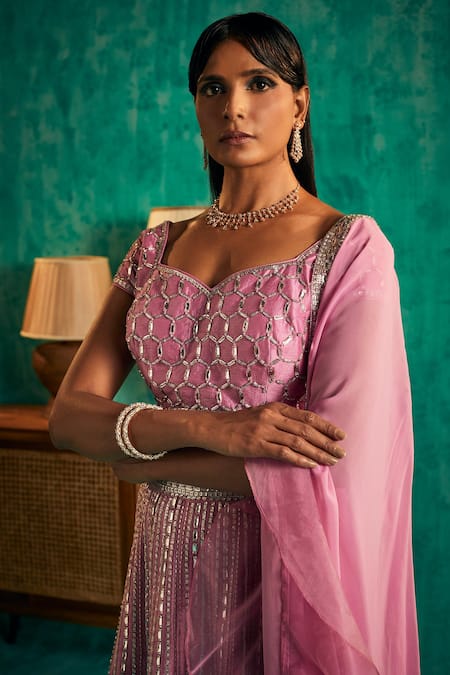 Shian_Purple Silk Dupion Embroidered Crystal Sweetheart Embellished Lehenga Set _Online_at_Aza_Fashions