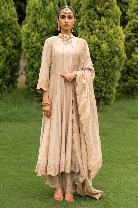 Buy_Safaa_Ivory Velvet, Silk Embroidery Round Azalea Floral Woven Pattern Anarkali Set _Online_at_Aza_Fashions