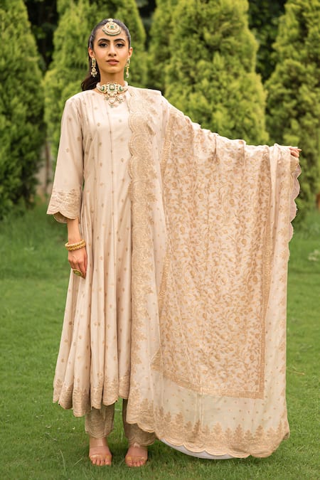 Shop_Safaa_Ivory Velvet, Silk Embroidery Round Azalea Floral Woven Pattern Anarkali Set _Online_at_Aza_Fashions