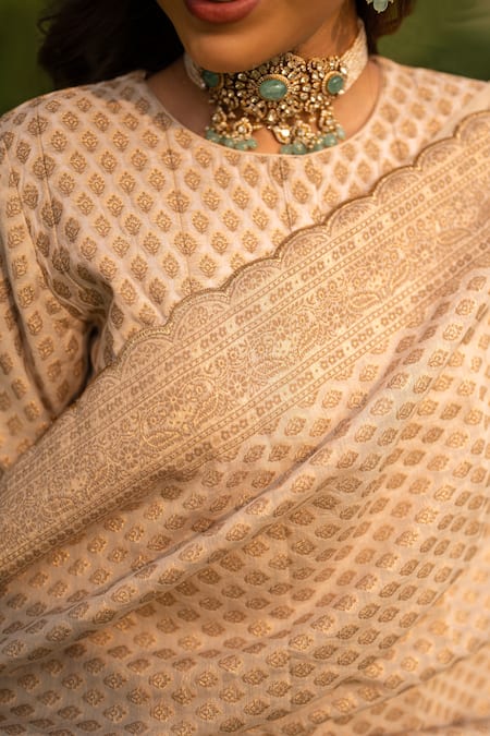 Shop_Safaa_Ivory Velour, Velvet Cut Work, Tassels, Zari Azara Floral Woven Anarkali Set _Online_at_Aza_Fashions