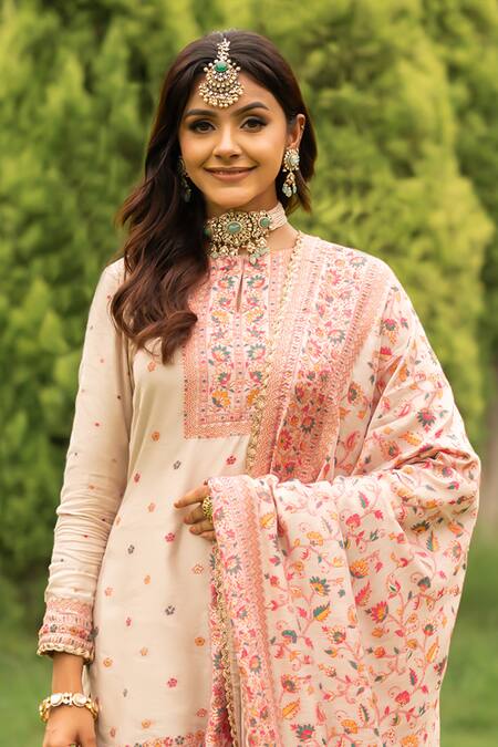 Safaa_Ivory Velvet, Cotton, Velour Embroidery, Lace Gulbani Woven Kurta Gharara Set _Online_at_Aza_Fashions