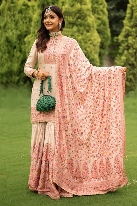 Shop_Safaa_Ivory Velvet, Cotton, Velour Embroidery, Lace Gulbani Woven Kurta Gharara Set _Online_at_Aza_Fashions