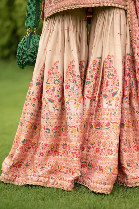 Safaa_Ivory Velvet, Cotton, Velour Embroidery, Lace Gulbani Woven Kurta Gharara Set _at_Aza_Fashions