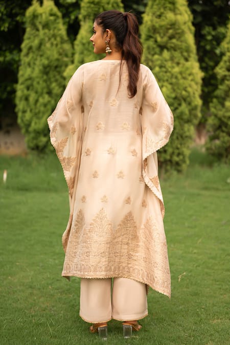 Shop_Safaa_Ivory Velvet Embroidery, Zari, Lace Keyhole Neck Layla Woven Kaftan And Pant Set _at_Aza_Fashions