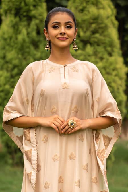 Safaa_Ivory Velvet Embroidery, Zari, Lace Keyhole Neck Layla Woven Kaftan And Pant Set _Online_at_Aza_Fashions