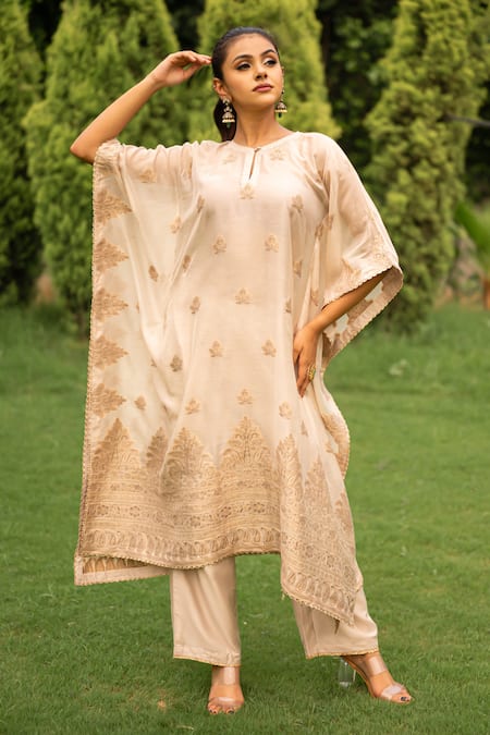 Buy_Safaa_Ivory Velvet Embroidery, Zari, Lace Keyhole Neck Layla Woven Kaftan And Pant Set _Online_at_Aza_Fashions