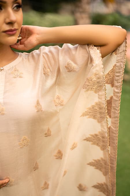 Shop_Safaa_Ivory Velvet Embroidery, Zari, Lace Keyhole Neck Layla Woven Kaftan And Pant Set _Online_at_Aza_Fashions