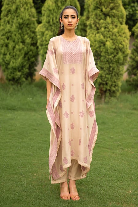 Safaa_Ivory Velvet Lace Keyhole Neck Melia Woven Kaftan And Pant Set _Online_at_Aza_Fashions
