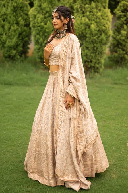 Shop_Safaa_White Velvet Lace, Zari, Embroidery Niloofer Floral Pattern Woven Lehenga Set _at_Aza_Fashions