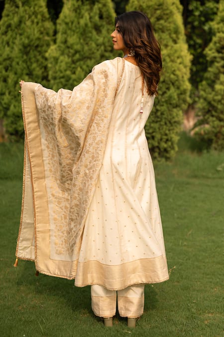 Shop_Safaa_White Velvet Embroidery, Lace Warda Anarkali Set With Woven Dupatta _at_Aza_Fashions